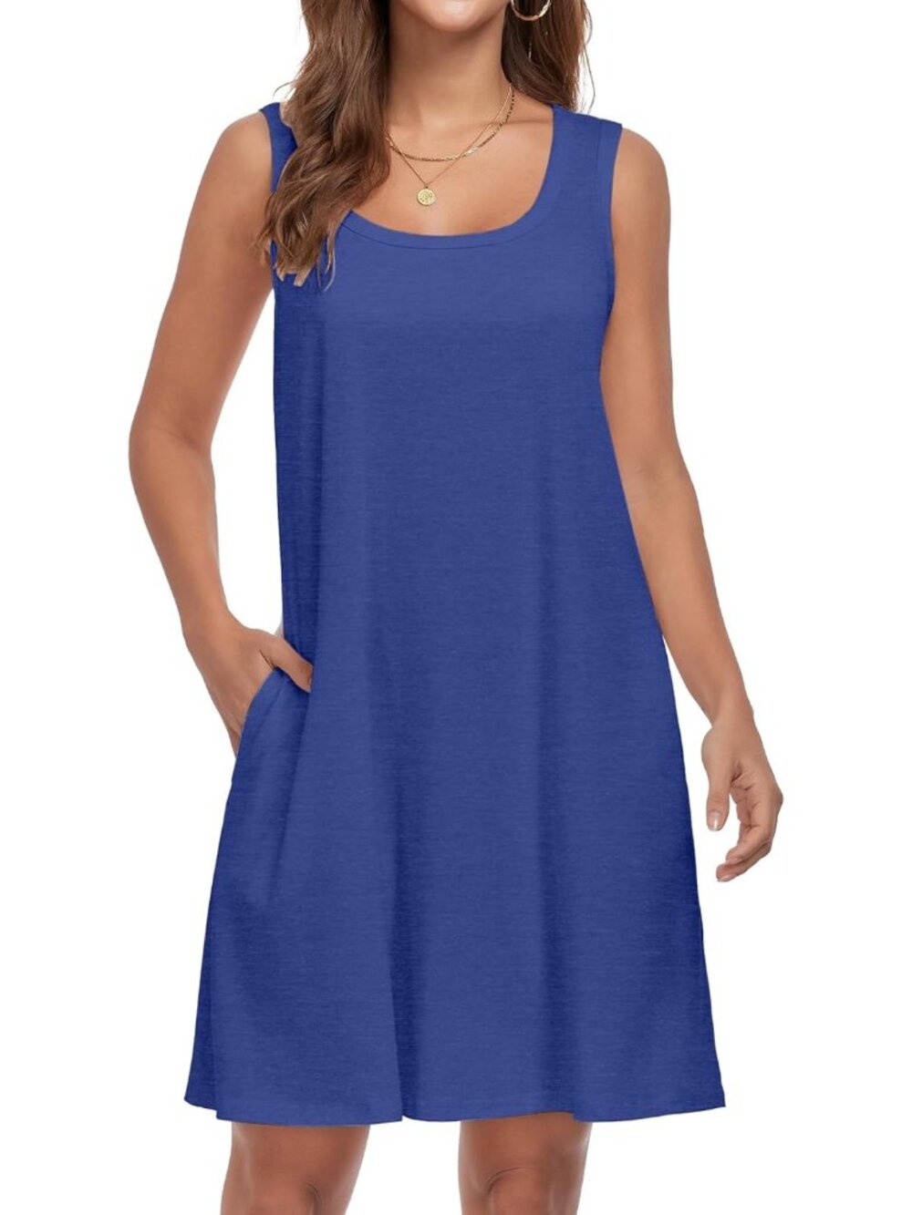 Women's Royal Blue Crew Neck Beach Boho Dress Casual Sleeveless Pockets Dress
